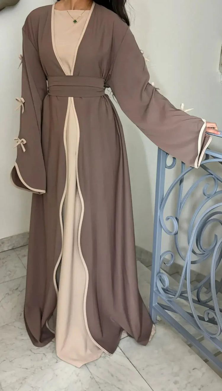 Women Muslim Arab Bow Round Neck Gown Long Sleeves Corset Ramadan Elegant Loose Cardigan Beauty hair & fashionfj