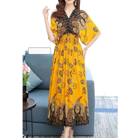 Summer Trend Ethnic V-Neck Printed Women's Dress Vintage Elegant Batswing Sleeves Elastic Waist Large Swing Casual Holiday Dress Beauty hair & fashionfj