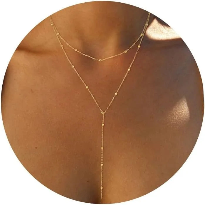 Gold Necklace for Women 14k Gold Plated/Silver Y-Shaped Pendant Necklace Layered Beaded Chain Drop Necklaces For Women Gift Beauty hair & fashionfj