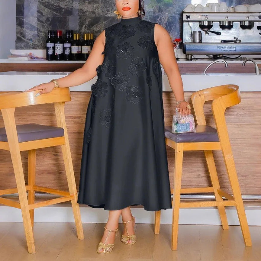 Elegant Dresses for Woman 2025 New O Neck Sleeveless Floral Decorate Straight Ankle Length Fashion Ladies Birthday Party Dress Beauty hair & fashionfj