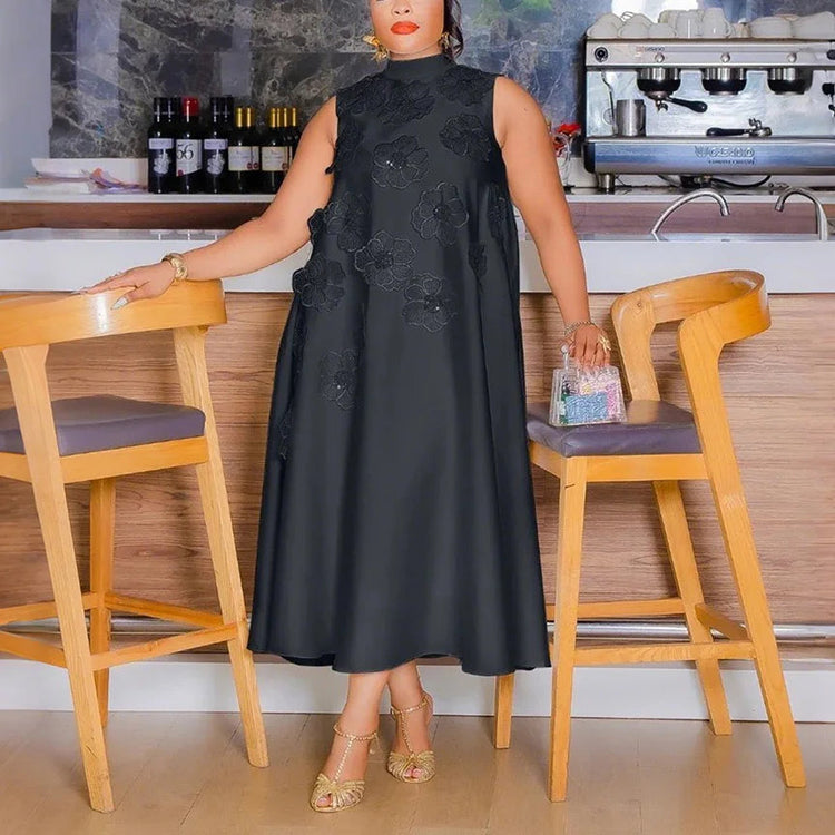 Elegant Dresses for Woman 2025 New O Neck Sleeveless Floral Decorate Straight Ankle Length Fashion Ladies Birthday Party Dress Beauty hair & fashionfj