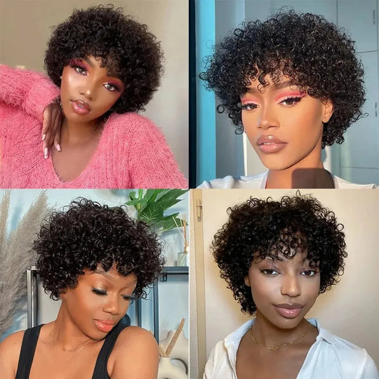 Full Machine Made 8 Inch Short Pixie Curly Bob Wig with Bangs Brazilian Human Hair Bouncy Curl Wig for Women Ready to Go Wig ﻿ ﻿ Beauty hair & fashionfj