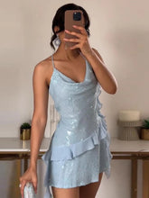 Glitter Flounce Mini Dress Woman Cinched Waist Sleeveless A-Line Halter Dresses Sexy Chic Women&