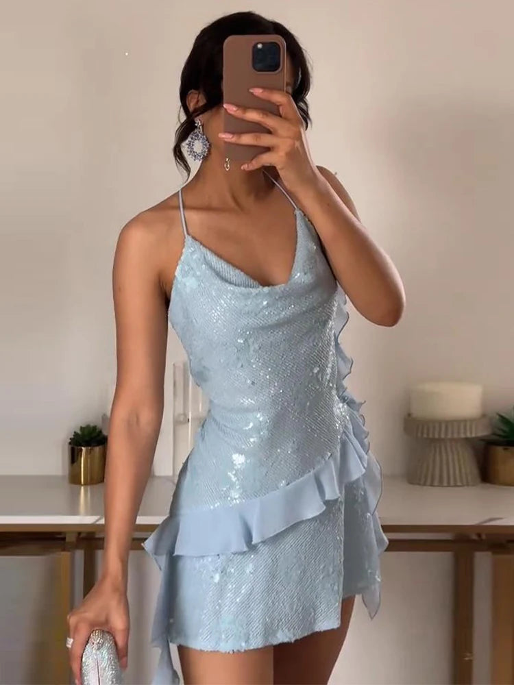 Glitter Flounce Mini Dress Woman Cinched Waist Sleeveless A-Line Halter Dresses Sexy Chic Women's Fashion Summer Short Dresses Beauty hair & fashionfj