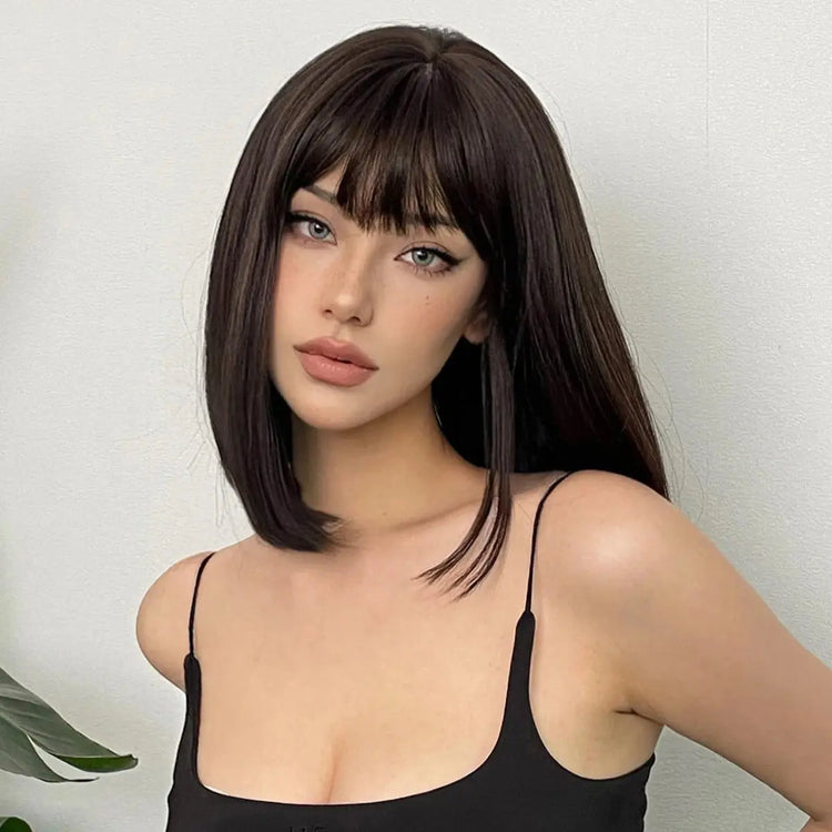 Short Black Brown Synthetic Natural Hair Wigs for Women Bob Straight Wig with Bangs High Temperature Daily Cosplay Party Wigs Beauty hair & fashionfj