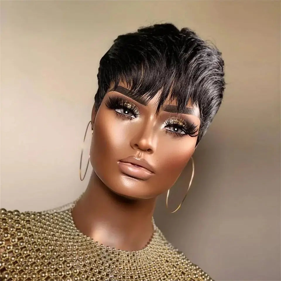 Short Straight Bob Wig Pixie Cut Wig Human Hair For Black Women With Bangs Brazilian Virgin Hair Full Machine  Cheap Wig Black