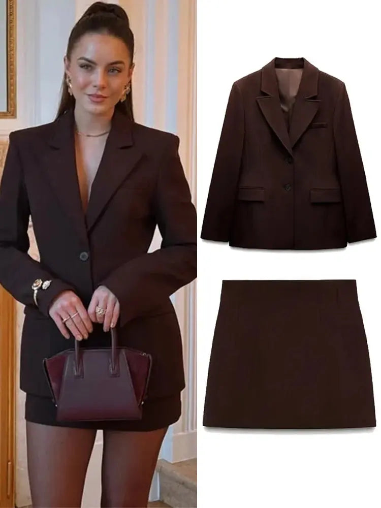 Elegant Suit Jacket Mini Skirt Sets Women Lapel Long Sleeve Single Blazers High Waist A-line Skirts 2025 Autumn Lady Outfits Beauty hair & fashionfj