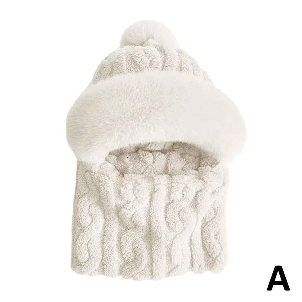 Winter Hat For Women Hooded Face Mask Fluff Keep Warm Thicken Style Neck Scarf Hooded Cap Beanie Knitted Cashmere Neck Warmer