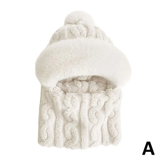 Winter Hat For Women Hooded Face Mask Fluff Keep Warm Thicken Style Neck Scarf Hooded Cap Beanie Knitted Cashmere Neck Warmer
