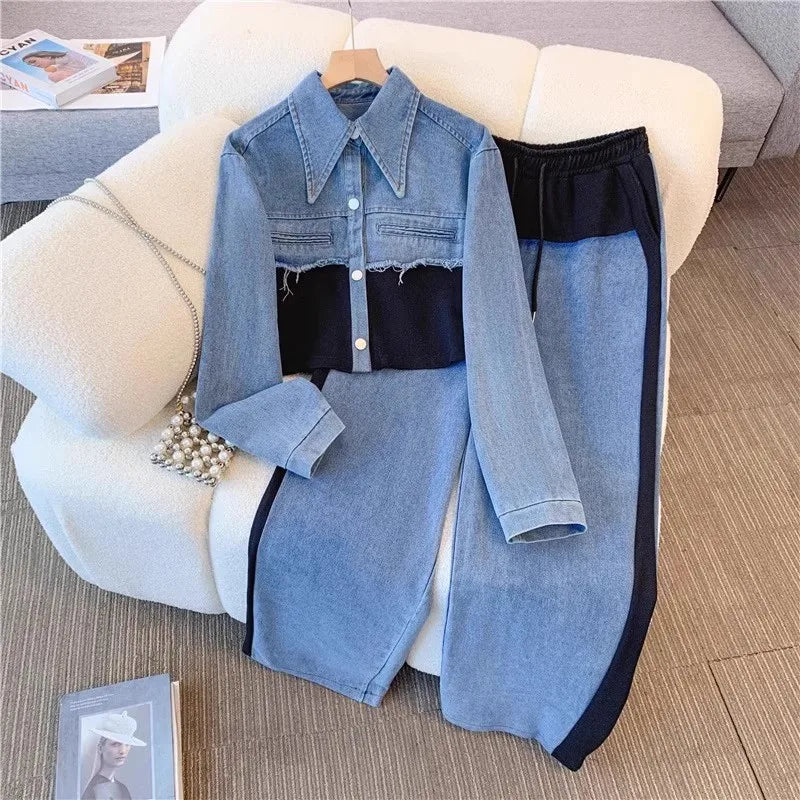 Two Piece Sets Women Pant Set Denim Splice Matching Sets Spring Top Wide Leg Long Pants Casual Loose Lace Up High Waist Jogger Beauty hair & fashionfj