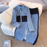 Two Piece Sets Women Pant Set Denim Splice Matching Sets Spring Top Wide Leg Long Pants Casual Loose Lace Up High Waist Jogger Beauty hair & fashionfj