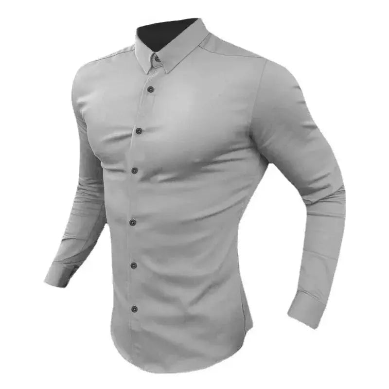Men's Shirt Fashion Full Sleeve Shirt Men's Muscle Casual Slim-fit Business Dress Solid Color Shirt Men's Gym Fitness Men Shirt Beauty hair & fashionfj