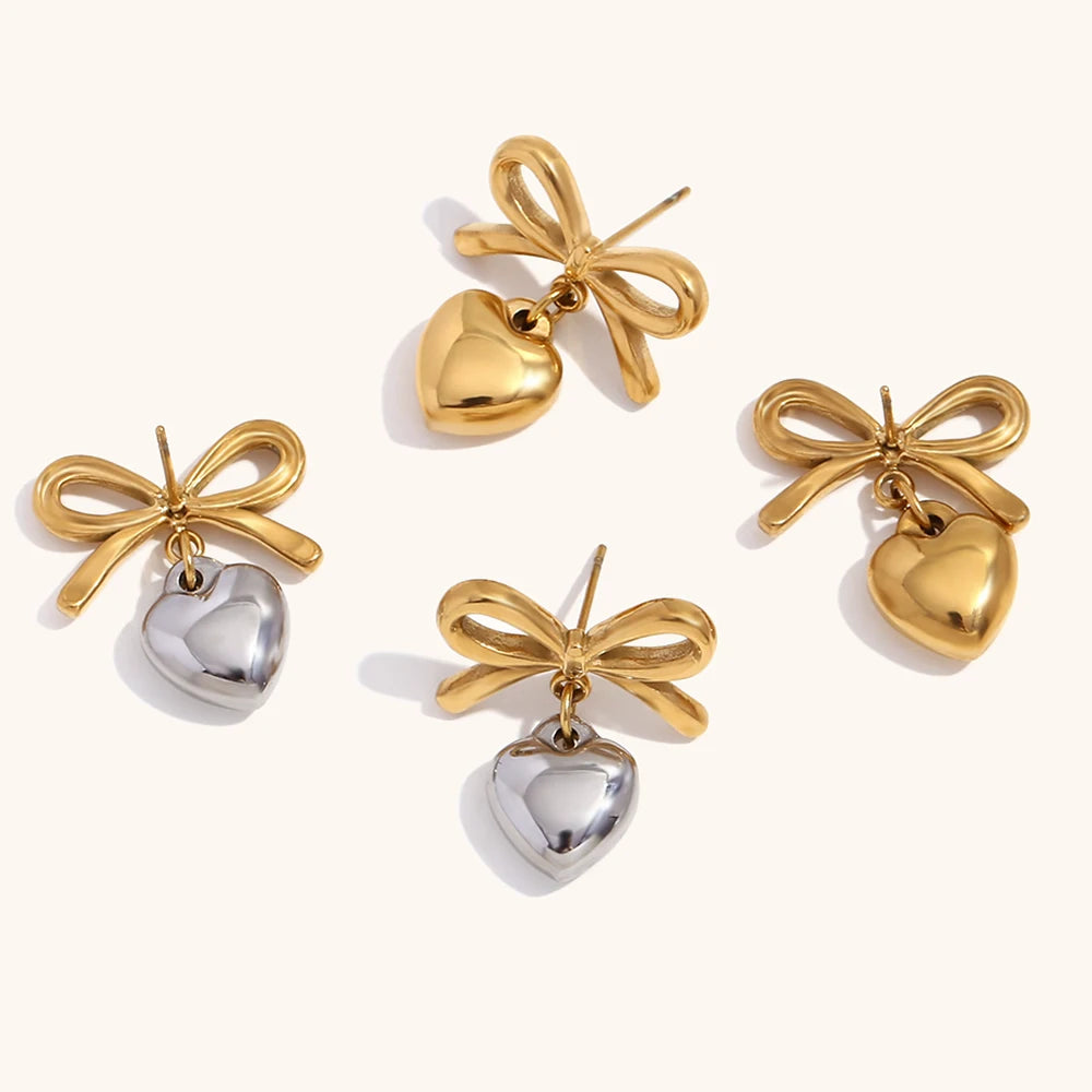 Gold Color Earrings For Women Bow Stud Earring With Love Charm Fashion Cute Jewelry Piercing Ear Accessories Gift Aretes
