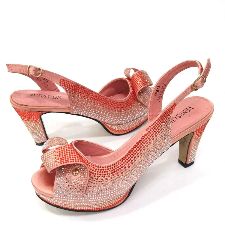 Venus Chan Newest INS Style Peach Color Rhinestone Elegant High Heels Nigeria Popular Design African Ladies Shoes And Bag Set Beauty hair & fashionfj