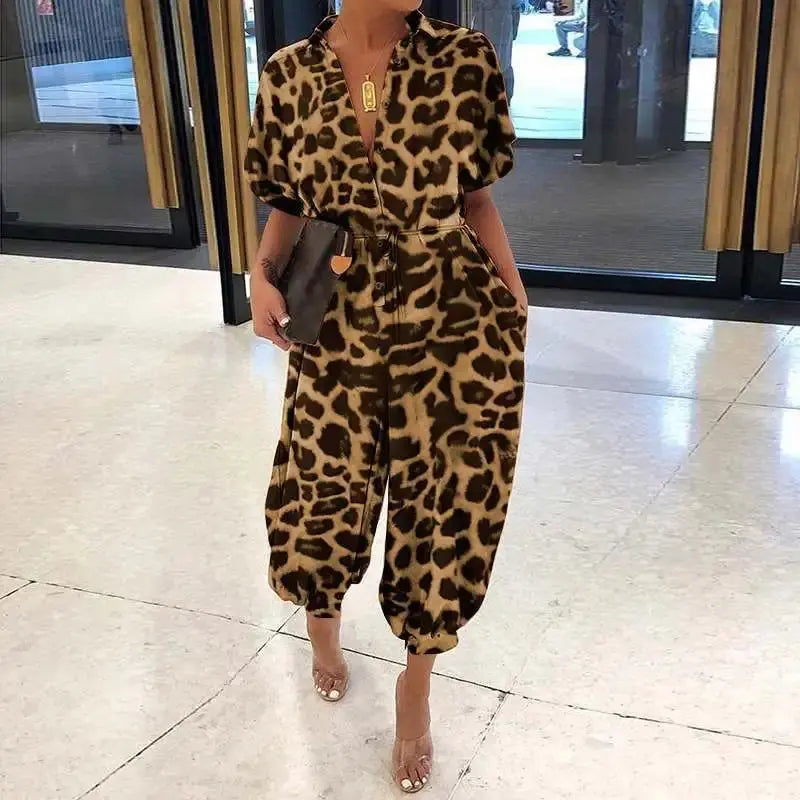 Women's New Jumpsuit Long Fashionable Leopard Print Jumpsuit Women's Retro Short Sleeved Button Casual Loose Pants Jumpsuit Beauty hair & fashionfj