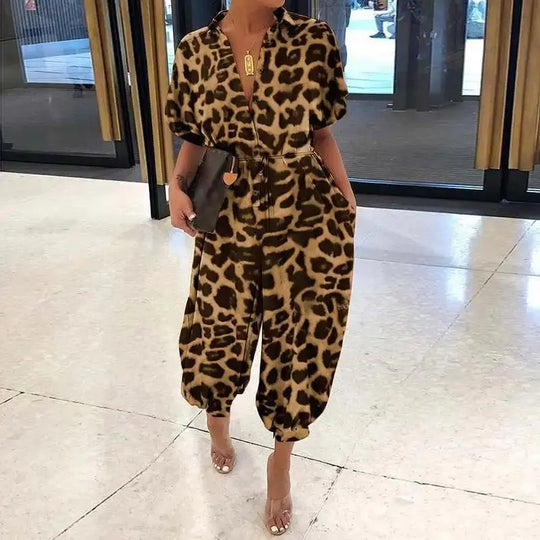 Women's New Jumpsuit Long Fashionable Leopard Print Jumpsuit Women's Retro Short Sleeved Button Casual Loose Pants Jumpsuit Beauty hair & fashionfj