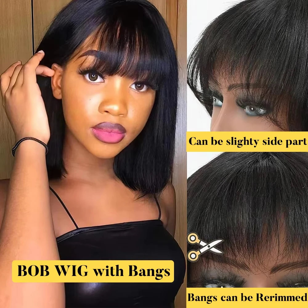 Bone Straight Wig With Bangs Brazilian Fringe Bob Human Hair Wigs Full Machine Made Wigs Short Bob Wig For Women On Clearance