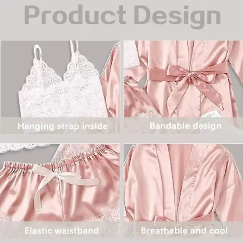 Women's Summer Sexy Pajama Pants Set 4 Pieces Lace Satin With Silk Sleepwear Robe Fashion And Comfortable Nightwear Beauty hair & fashionfj