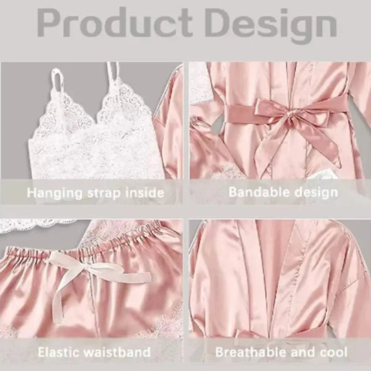 Women's Summer Sexy Pajama Pants Set 4 Pieces Lace Satin With Silk Sleepwear Robe Fashion And Comfortable Nightwear Beauty hair & fashionfj