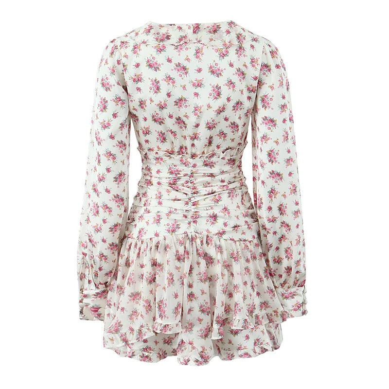 YENKYE Spring 2025 Women Sweet Floral Print Ruffle Mini Dress Front Button Long Sleeve V Neck A-line Holiday Boho Dresses Short Beauty hair & fashionfj