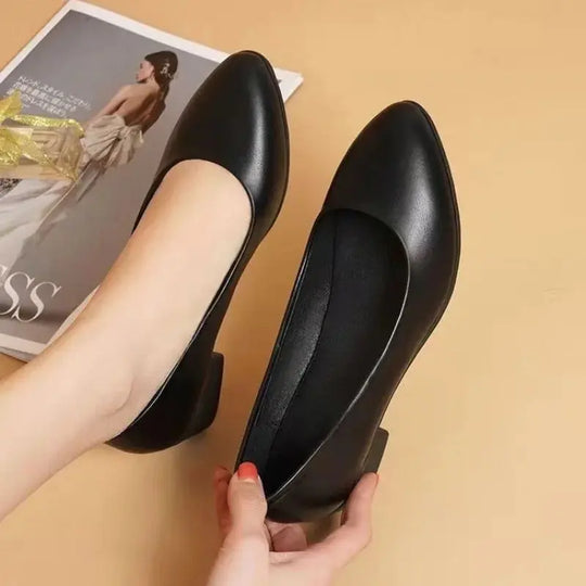 2025 New Arrival Women's Low-Heel Pumps Black Genuine Leather Formal Shoes Slip-On Commuter Comfortable Mid-Heel Beauty hair & fashionfj