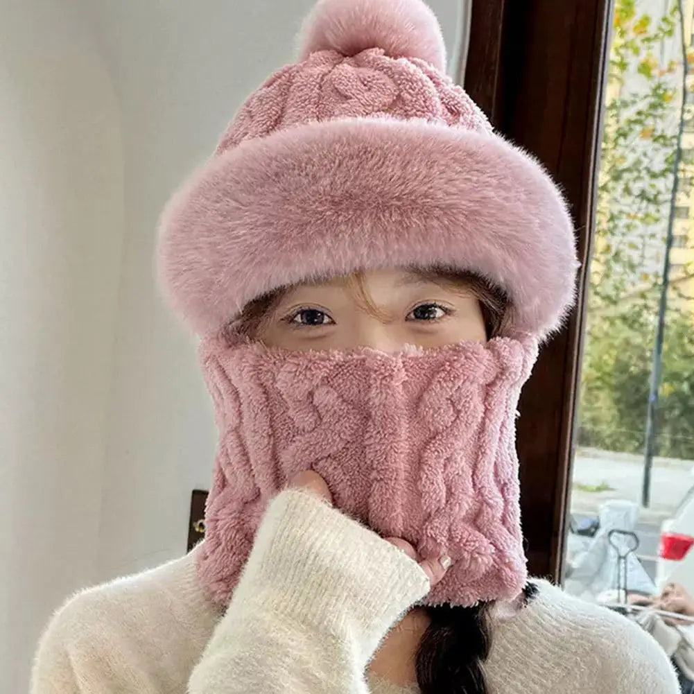Winter Hat For Women Hooded Face Mask Fluff Keep Warm Thicken Style Neck Scarf Hooded Cap Beanie Knitted Cashmere Neck Warmer