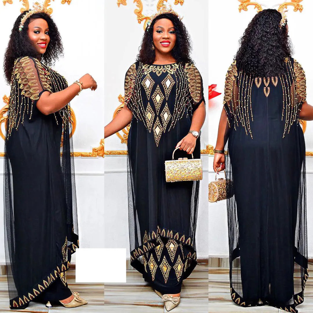Fake Two-Piece African Dresses for Women 2023 Traditional Nigeria Mesh Hot Drill Caftan Dress Abaya Musulman Robe Femme Clothes Beauty hair & fashionfj