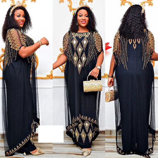 Fake Two-Piece African Dresses for Women 2023 Traditional Nigeria Mesh Hot Drill Caftan Dress Abaya Musulman Robe Femme Clothes Beauty hair & fashionfj