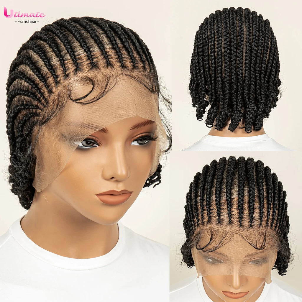 8 Inch Full Lace Synthetic Braided Wig with Baby Hair And Curly Ends Knotless Cornrow for Black Women Natural Looking Wigs