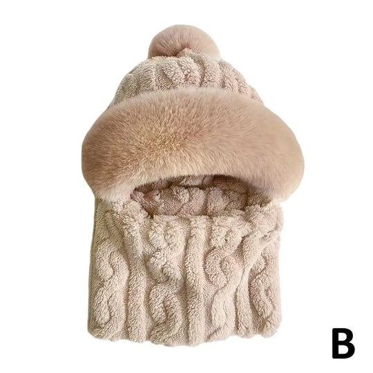 Winter Hat For Women Hooded Face Mask Fluff Keep Warm Thicken Style Neck Scarf Hooded Cap Beanie Knitted Cashmere Neck Warmer