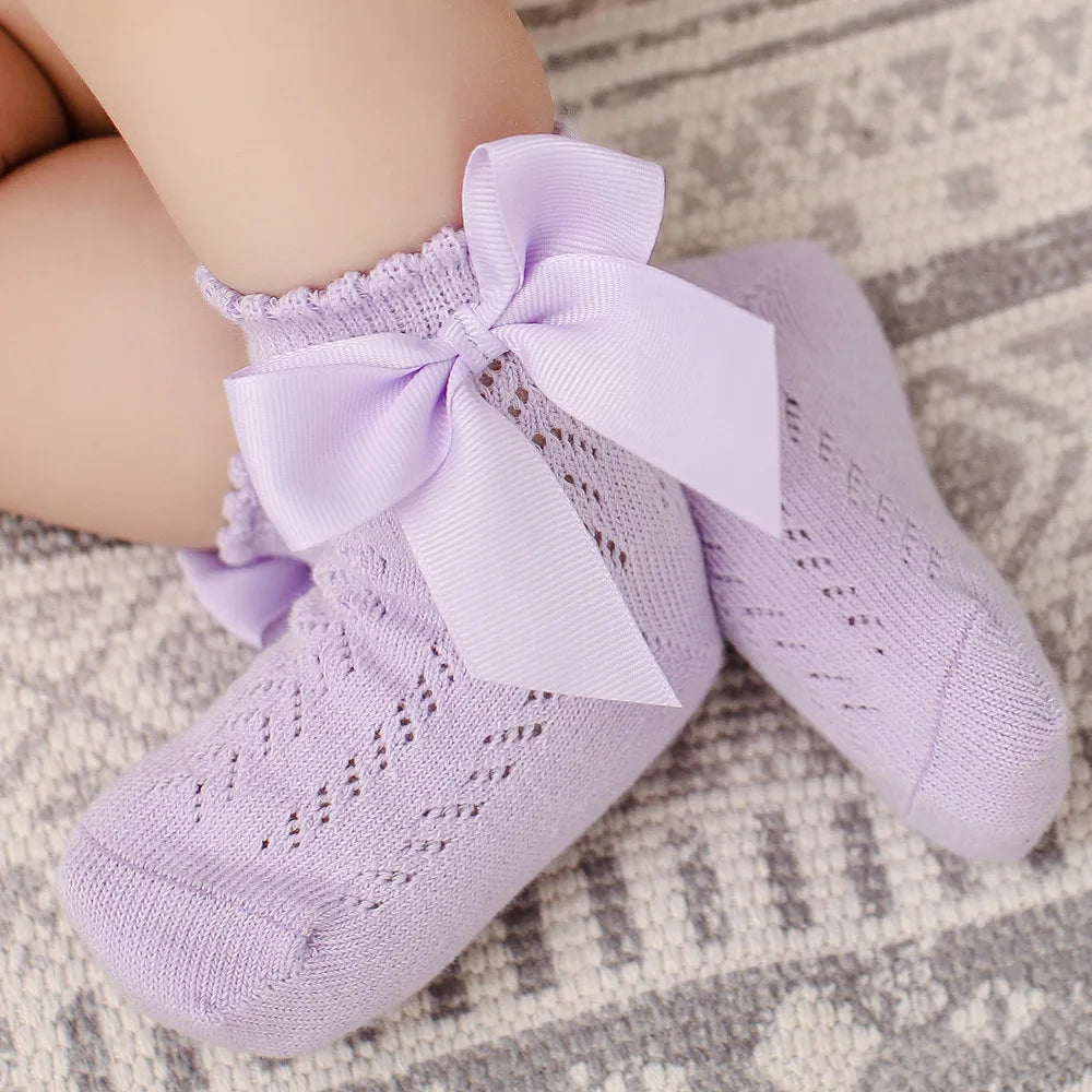 Baby Girls Socks With Big Bows Breathable Children Girl Short Socks Hollow Toddlers Kids Cotton Princess Cute Socks For 0-5Years