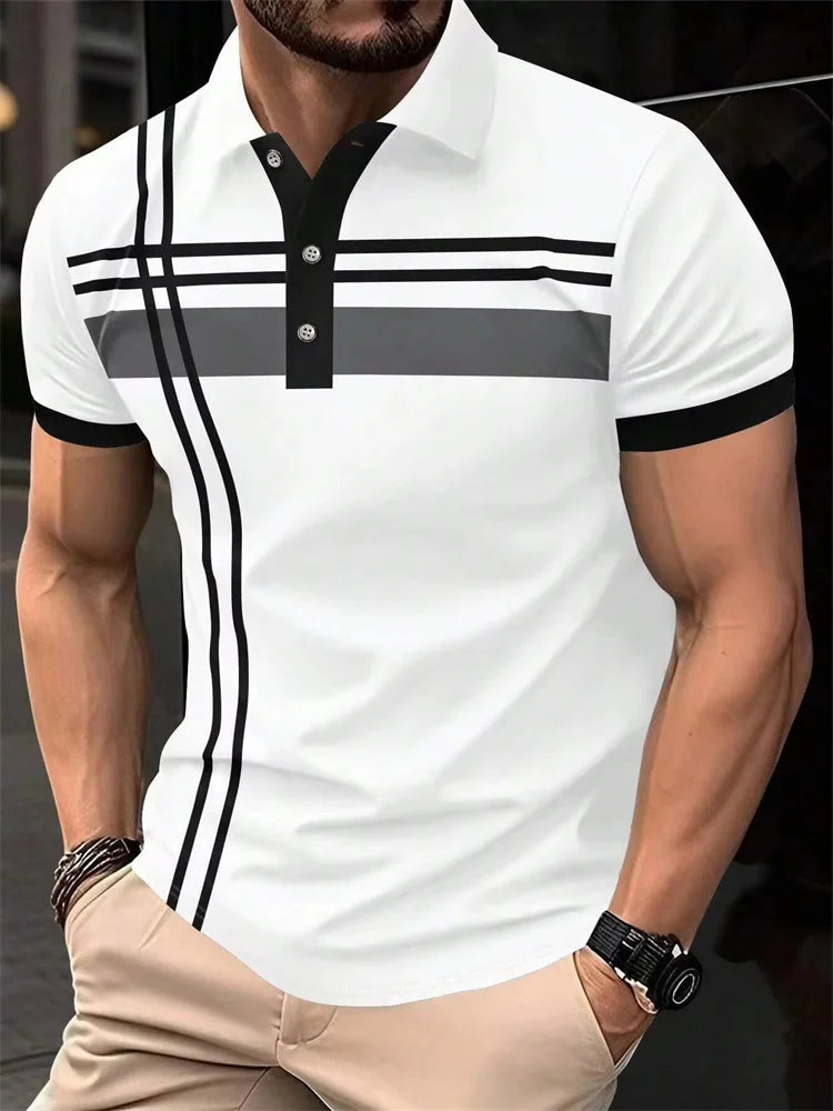 Fashion Stripe Print Polo T Shirt For Men Casual Lapel Loose Short Sleeve Tops Business Golf Clothing Comfortable Trend T-shirt Beauty hair & fashionfj