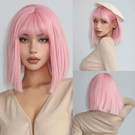 Short Black Brown Synthetic Natural Hair Wigs for Women Bob Straight Wig with Bangs High Temperature Daily Cosplay Party Wigs Beauty hair & fashionfj