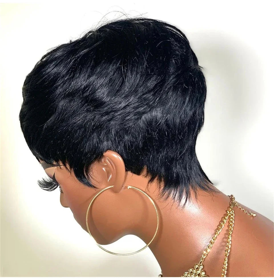 Short Straight Bob Wig Pixie Cut Wig Human Hair For Black Women With Bangs Brazilian Virgin Hair Full Machine  Cheap Wig Black