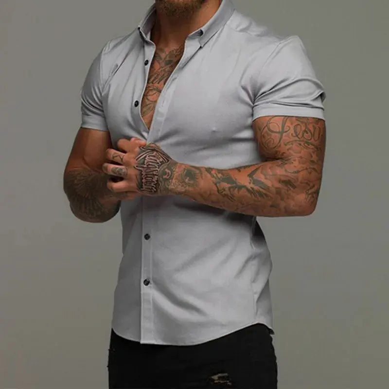 Men Slim Blouse Shirts Summer Casual Male Turn Down Collar Short Sleeve Button Tops LXDZ-110 Beauty hair & fashionfj