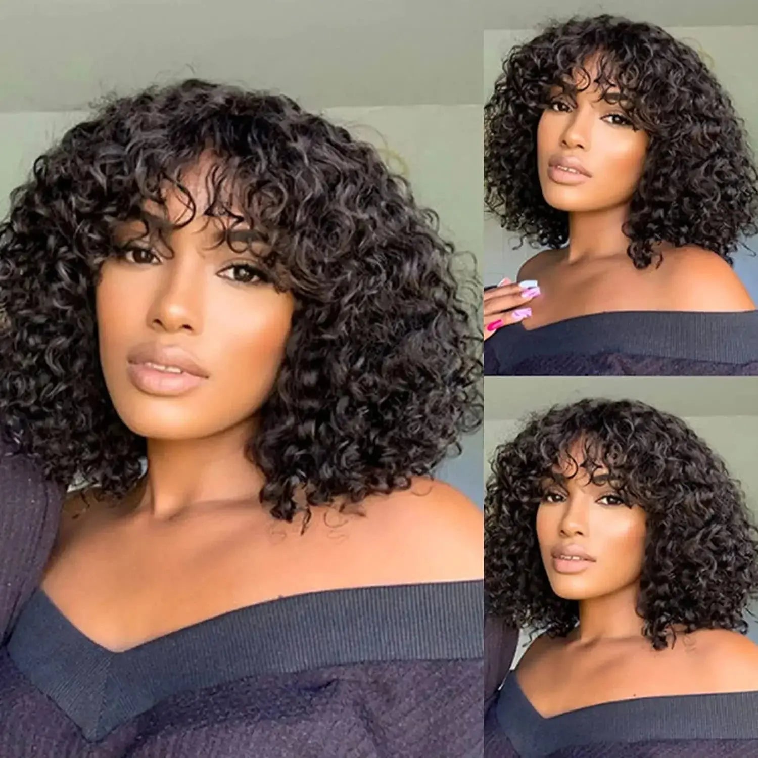 Curly Human Hair Wigs With Bangs 180% Density Water Wave Virgin Human Hair Full Machine Made Curly Glueless Wigs For Black Women Beauty hair & fashionfj