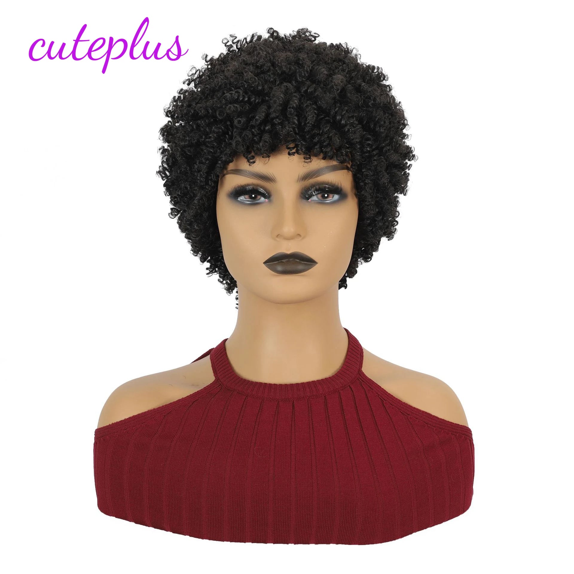 Short Kinky Curly Afro Synthetic Hair Wig for Black Women with Bangs Natural Cosplay