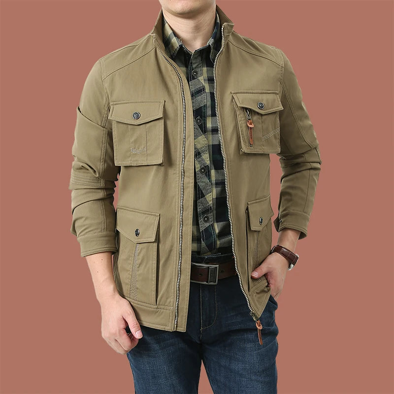 2025 New Workwear Jacket Outdoor Loose Breathable Multi Pocket Stand Up Collar Men's Coat Autumn Hunting Windproof Jacket M-5XL