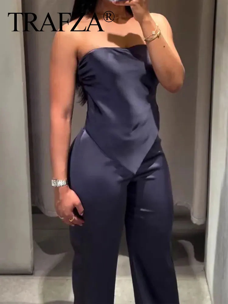 TRAFZA Elegant Solid Silk Texture Suit For Women Backless Lace Up Tube Top+High Waist Wide Leg Pants Women's Summer Fashion Set Beauty hair & fashionfj