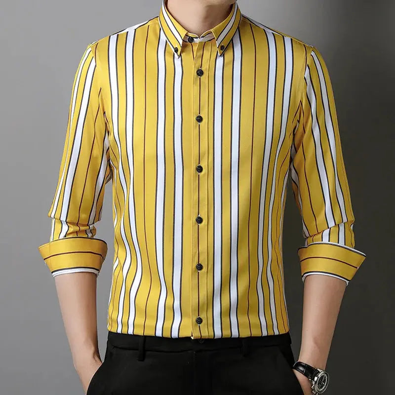 Men's Striped Button-Down Collar Design Iron-Free Dress Shirts, Long Sleeve Stretchy Casual Button Up Shirt for All-Seasons Beauty hair & fashionfj