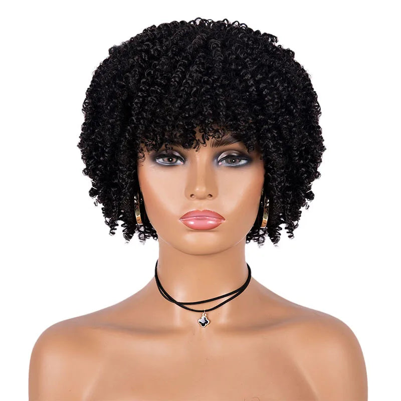 Short Kinky Curly Afro Synthetic Hair Wig for Black Women with Bangs Natural Cosplay