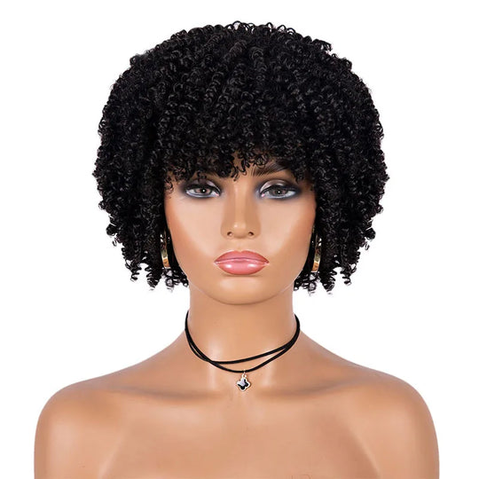Short Kinky Curly Afro Synthetic Hair Wig for Black Women with Bangs Natural Cosplay