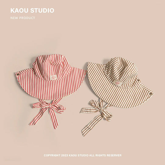 Korean Version Ins Retro Striped Big Brim Sun Hats for Women Summer Travel Sunscreen Versatile Fashion Strap Bucket Hat Beauty hair & fashionfj