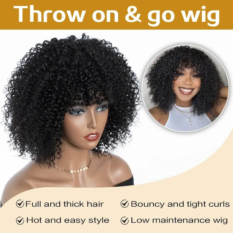 Curly Human Hair Wigs With Bangs 180% Density Water Wave Virgin Human Hair Full Machine Made Curly Glueless Wigs For Black Women Beauty hair & fashionfj