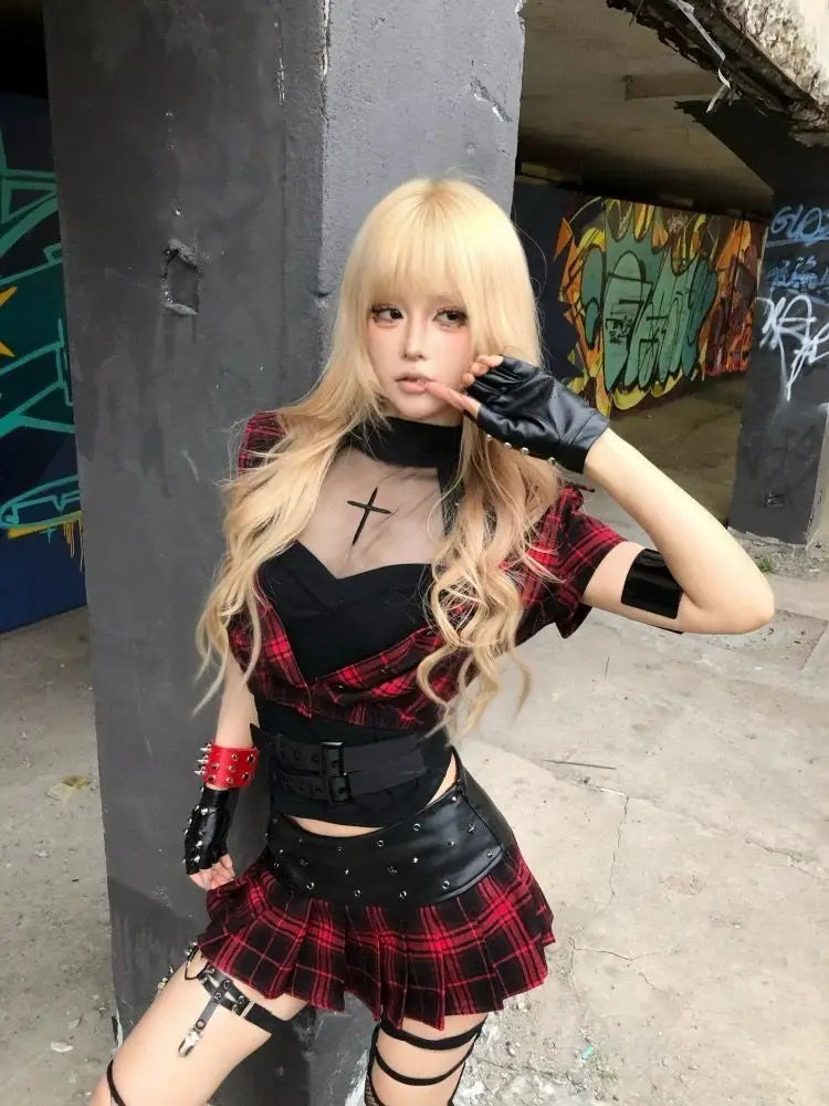 Goth Punk Plaid Two Piece Set Women Red Black Short Sleeve Crop Top Mini Pleated Skirt Belt Gloves Straps Streetwear Outfit 2025 Beauty hair & fashionfj