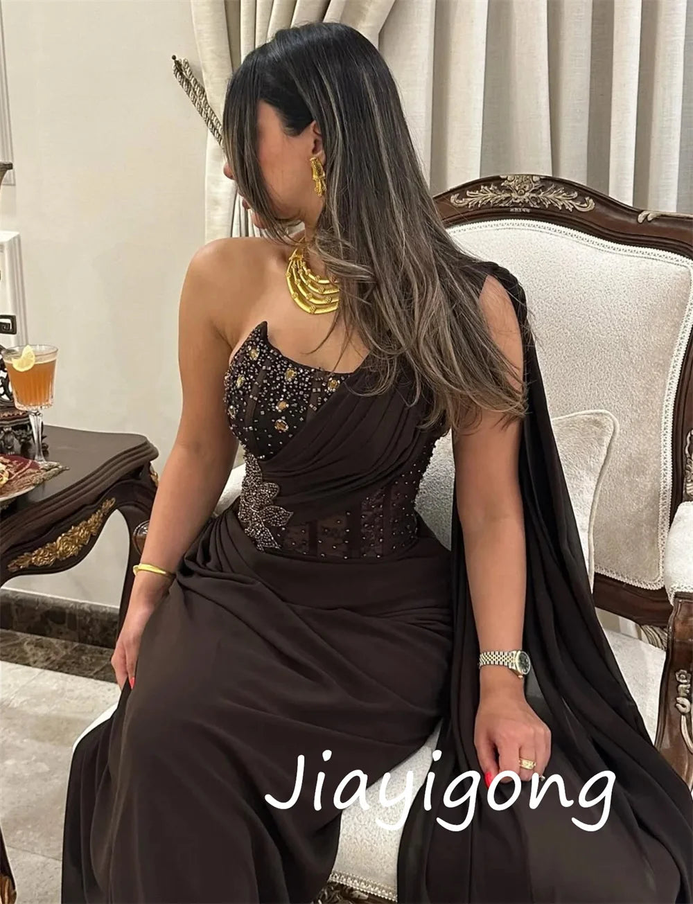 Customized Exquisite Jersey Sequined Pleat A-line One-shoulder Long Dresses Bespoke Occasion High Quality Beauty hair & fashionfj