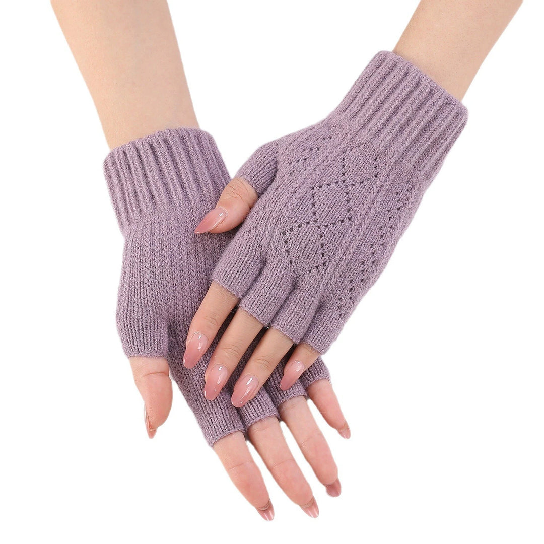 Rimiut Women Fashion Autumn Winter Half finger gloves knitted with grid pattern Solid color gloves