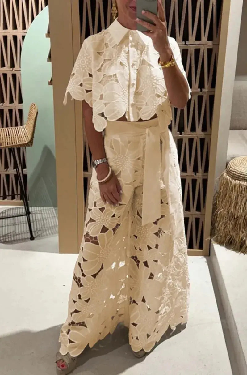 Elegant Lapel Half-sleeved Crop Top + Wide-leg Pants Sexy Hollow 2-piece Set Women Fashion Spring Solid Color Loose Suit Female Beauty hair & fashionfj