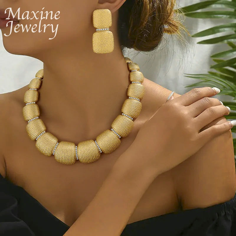 Golden Collar Chunky Round Gold Plated Jewelry Set Women Necklace Earring Bracelet Ring African Bridal Wedding Party Gifts Beauty hair & fashionfj