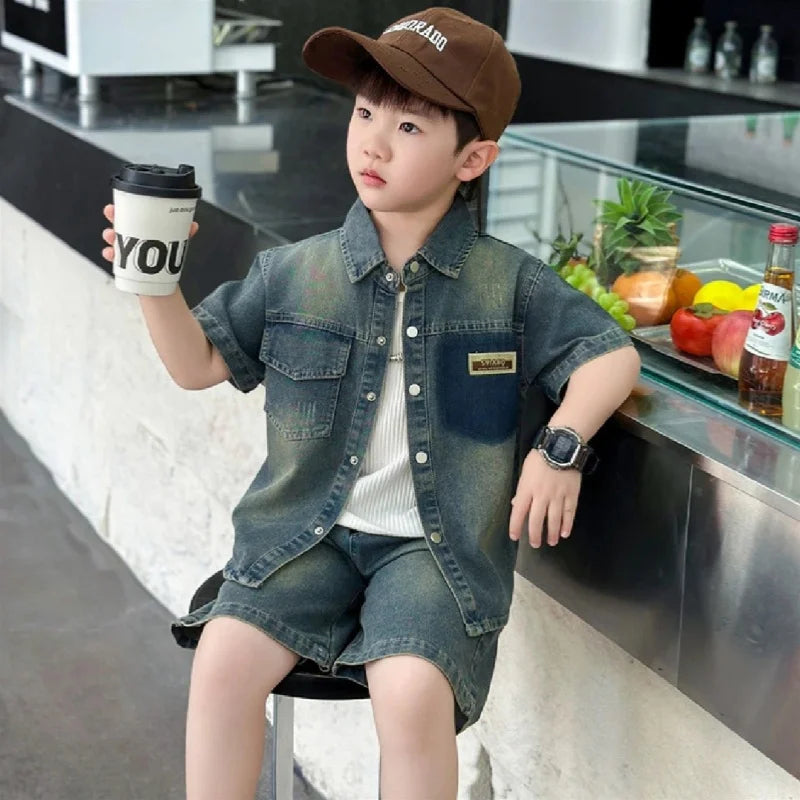 2025 Trendy Boys' Denim Set Vintage Wash Short Sleeve Shirt & Shorts 2-Piece Summer Outfit Beauty hair & fashionfj